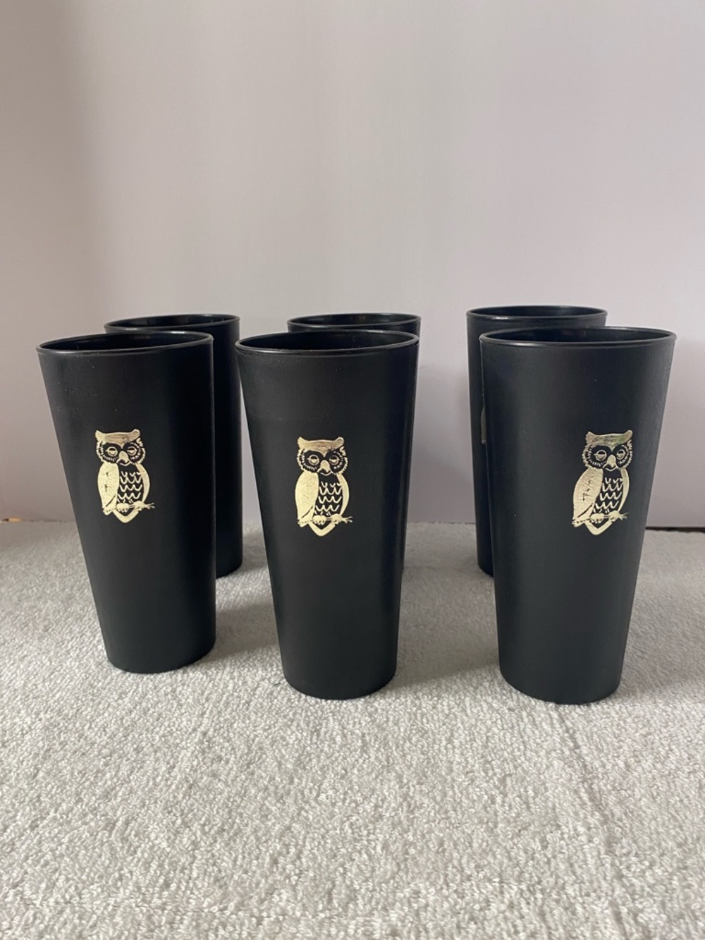 Vintage Black Plastic Glasses Cups Set of 6 wood grain gold owls Mcm mid century